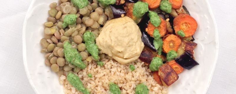 Bulgur Mediterranean Bowl with Parsley Almond Pesto